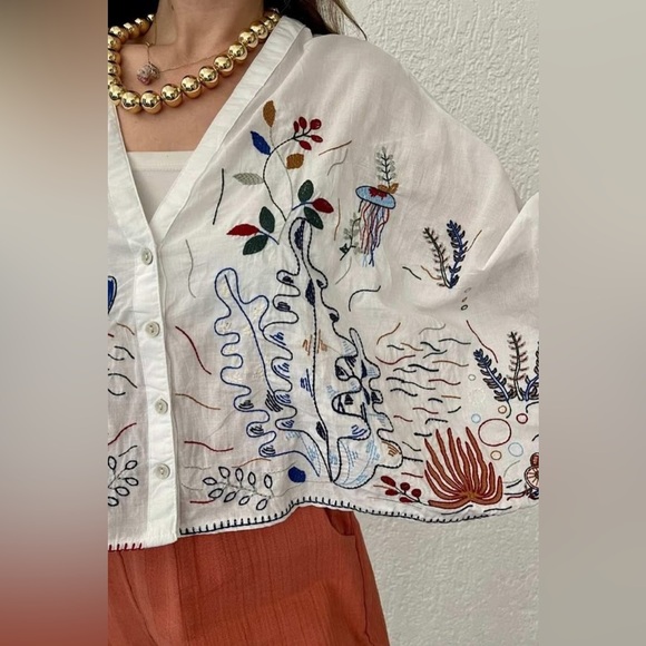 Zara | Multicolour Down by the Sea 100% Cotton Embroidered Kimono Sz Small - Picture 3 of 16